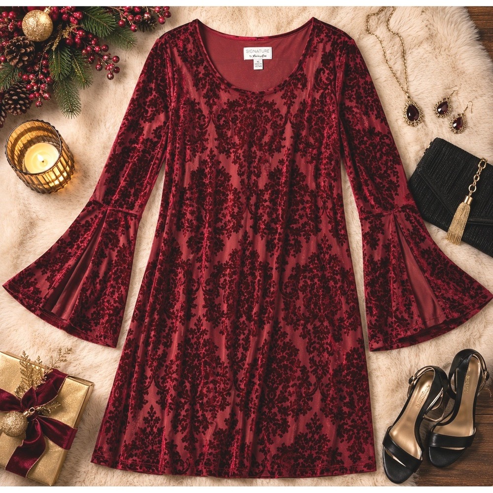 Signature by Robbie Bee Burnout Velvet Damask Bell Sleeve Dress XL - Picture 2 of 16